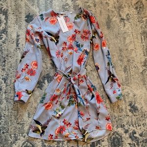 Long sleeve light blue and white striped shirt dress. Flower and bird accents